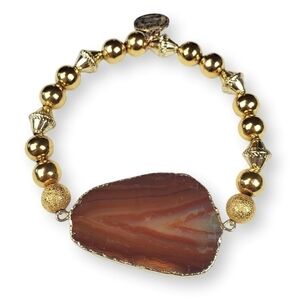 Agate Slice Beaded Bracelet Red Brown Banded Natural Stone Gold Gilt Stretch 7"